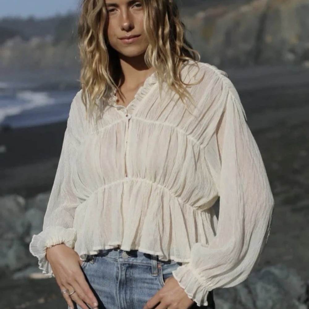 Rumored Ruffle Sheer Long Sleeve Blouse